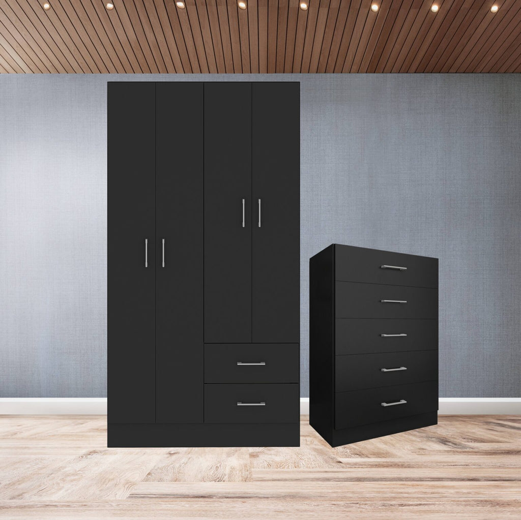 Guarda-Roupa 4 Portas Panamá 4002 + Cômoda 5 Gavetas Aruba Preto – FELLICCI - Móveis furniture