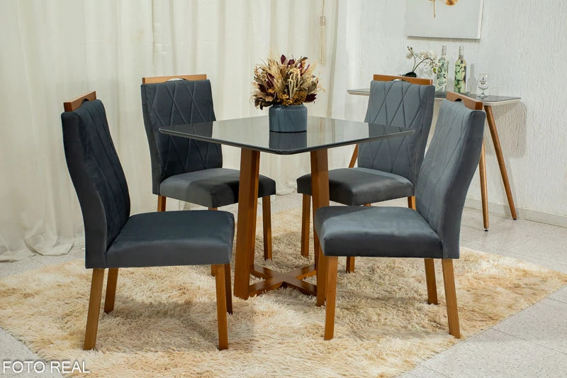 Mesa de Jantar Pedro Mel Tampo Vidro Grafite 90×90 4 Cadeiras Lisboa Veludo Grafite - Móveis furniture