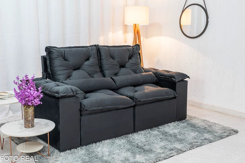 Sofá Retrátil Reclinável 2.00m Texas Veludo Preto - Móveis furniture
