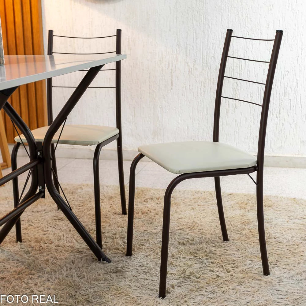 Mesa Rio Base Cabo Frio Marrom Tampo Pedra Off 100x60 4 Cadeiras Assento Creme - Teixeira