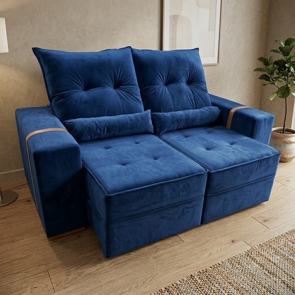 Sofá Retrátil e Reclinável Júnior 1,80 m Veludo Azul 07 – IMPERIAL DECOR