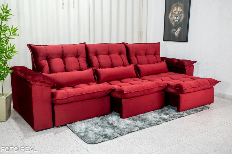 Sofá Retrátil Reclinável Kapri 3.20 Veludo Bordô 534 - Molas Bonnel e Poliéster Siliconado - Móveis furniture