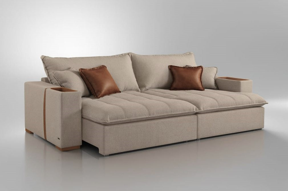 Sofa Cama Retratil Mariah 250 2x100 + Braco 25cm Linho Bege 01 Idealle