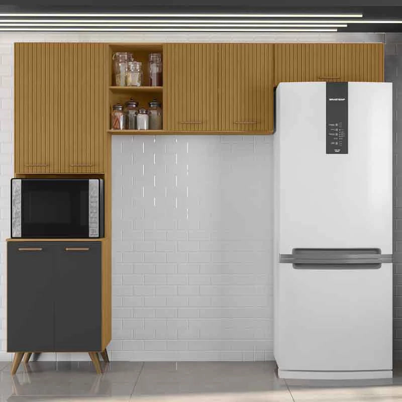 Armário Cozinha Olinda Ripado 3D 3 Peças Paneleiro + Aéreo 1.20m + Aéreo de Geladeira Freijó/Grafite Poliman - Móveis furniture