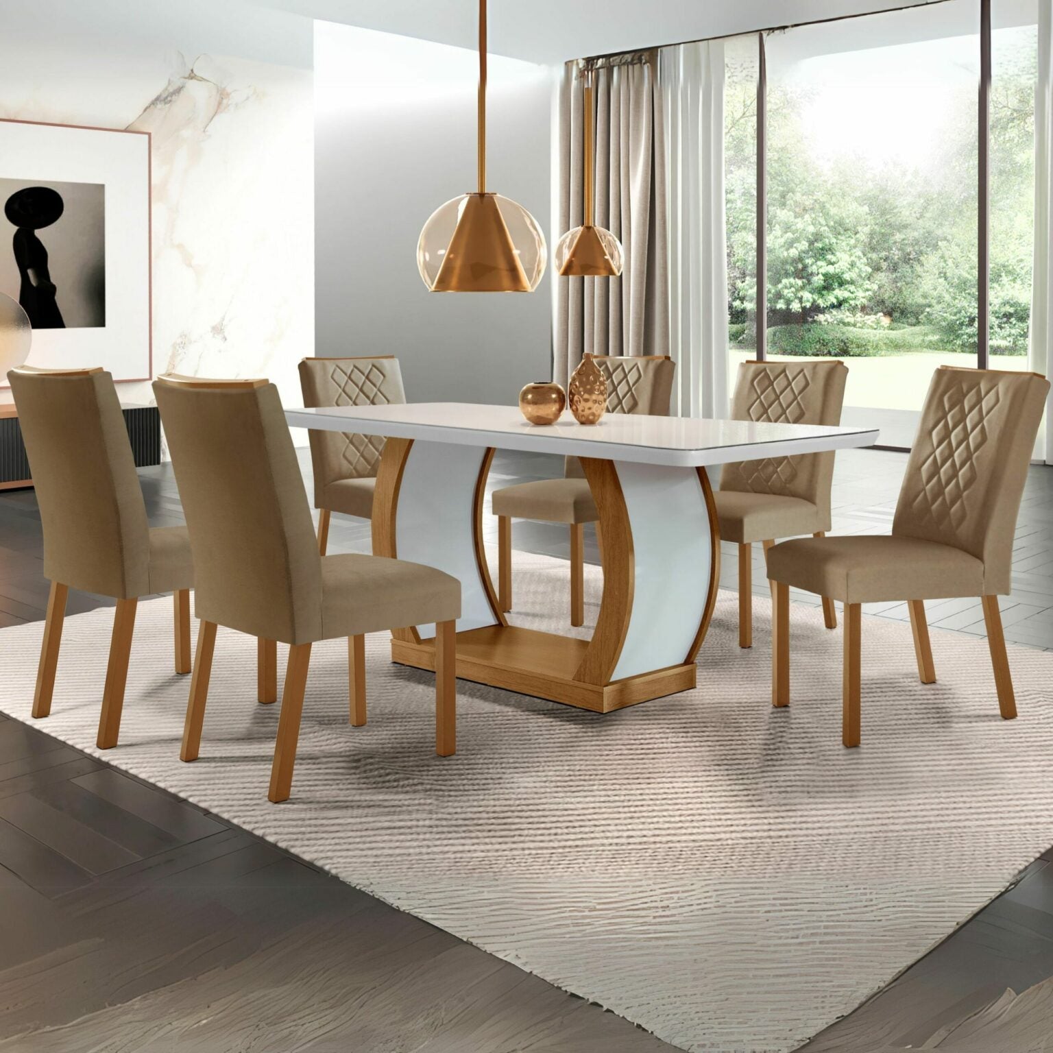 Mesa Jade 180 Canto Copo Imbuia/White com 6 Cadeiras Jade Linho Turim 07 – RUFATO - Móveis furniture