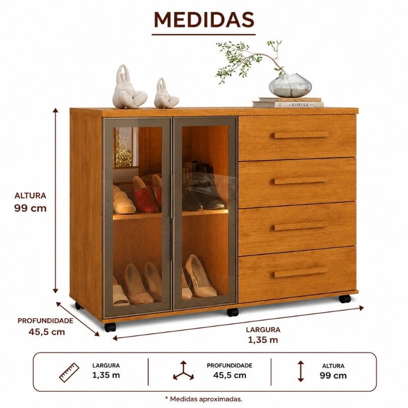 Cômoda Lady Larg. 1.35m Nature 4 Gavetas 2 Porta Reflecta C/Led - JA Móveis