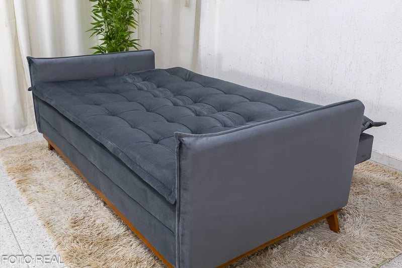 Sofá Cama Lotus larg. 1.93m Molas Bonnel Veludo Cinza - Móveis furniture