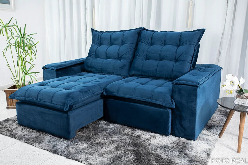 Sofá Retrátil Reclinável Atenas 2.10m Veludo Azul 800 D33 e Molas Ensacadas - Móveis furniture