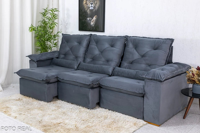 Sofá Retrátil Reclinável 2.70m Roma Veludo Cinza 20 - D28 Soft - Móveis furniture