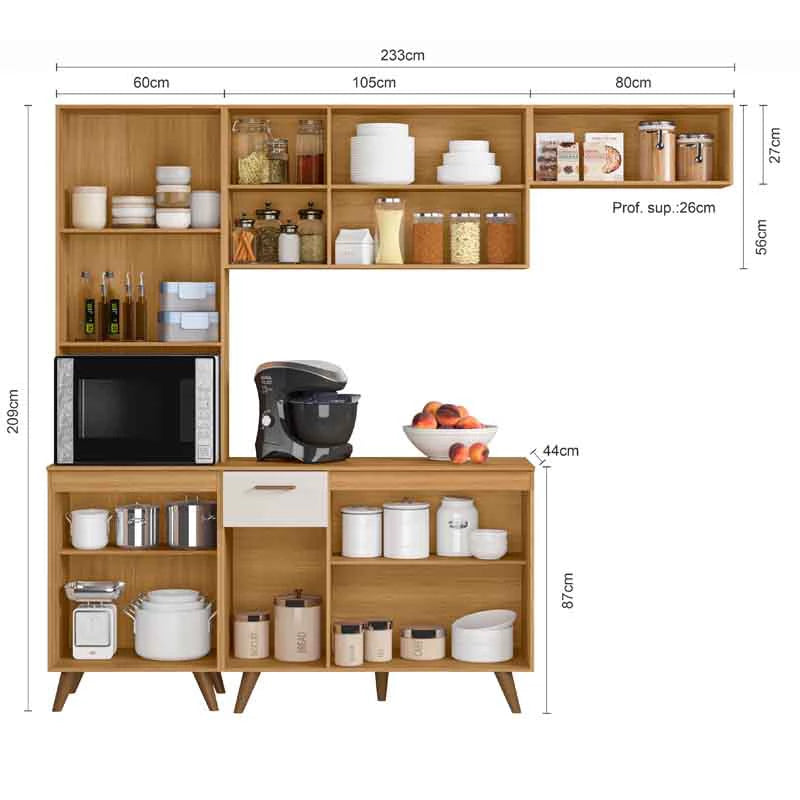 Armário Cozinha Olinda Ripado 3D 4 Peças Paneleiro + Aéreo 1.20m + Balcão e Aéreo de Geladeira Freijó/Off Poliman - Móveis furniture