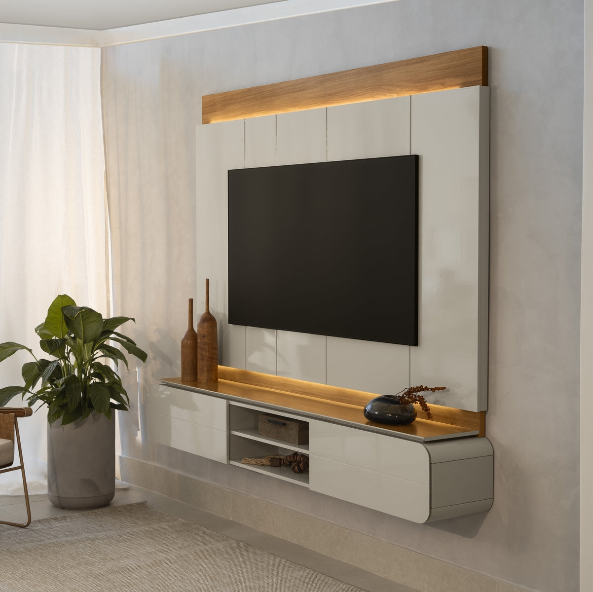 Painel Home até 75″ Zurique Tauari/Off White Brilho – LINEA BRASIL