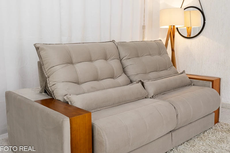 Sofá Retrátil Reclinável 2.30m Gênova Veludo Bege  - Molas Ensacadas