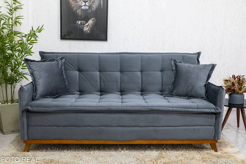 Sofá Cama Lotus larg. 1.93m Molas Bonnel Veludo Cinza - Móveis furniture