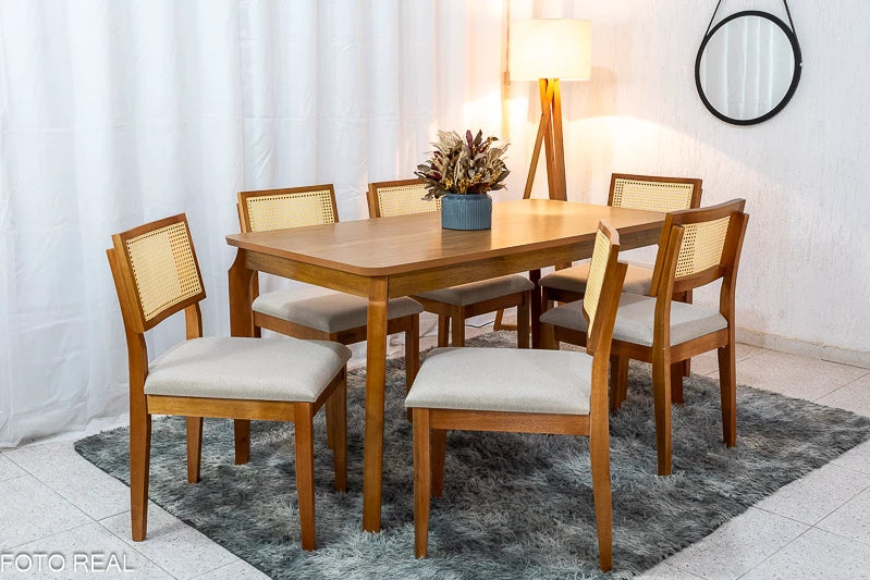 Mesa de Jantar Alegra Tampo Cinamomo 160×80 6 Cadeiras Jade Linho Bege 29011 JCM Madeira Maciça - Móveis furniture