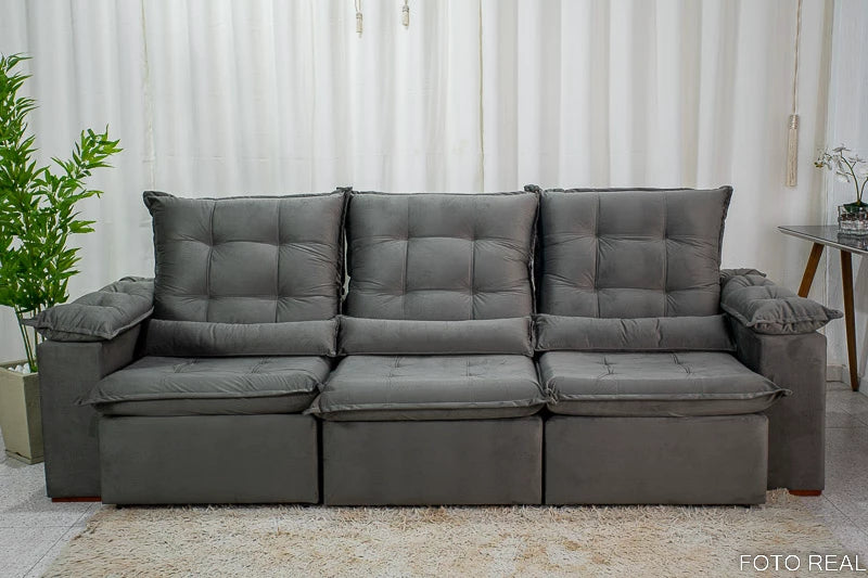 Sofá Retrátil Reclinável Madri 2.70m Veludo Cinza - Móveis furniture