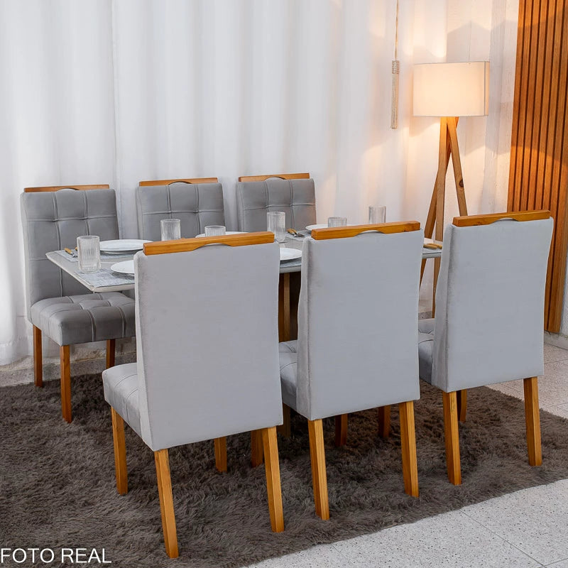 Mesa de Jantar Moscou 160x80 Vidro Off/Base Cinamomo + 6 Cad. Londres Veludo Prata Madeira Minas Plac - Entregue Montada