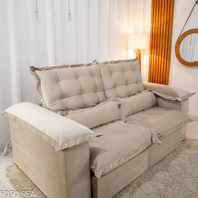 Sofá Retrátil Reclinável Maldivas 2.10m Veludo Bege A32 - Espuma Pró Aditivada