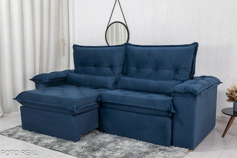 Sofá Retrátil Reclinável Califórnia Veludo Azul 529 Larg. 2.50m - D28 Hiper soft