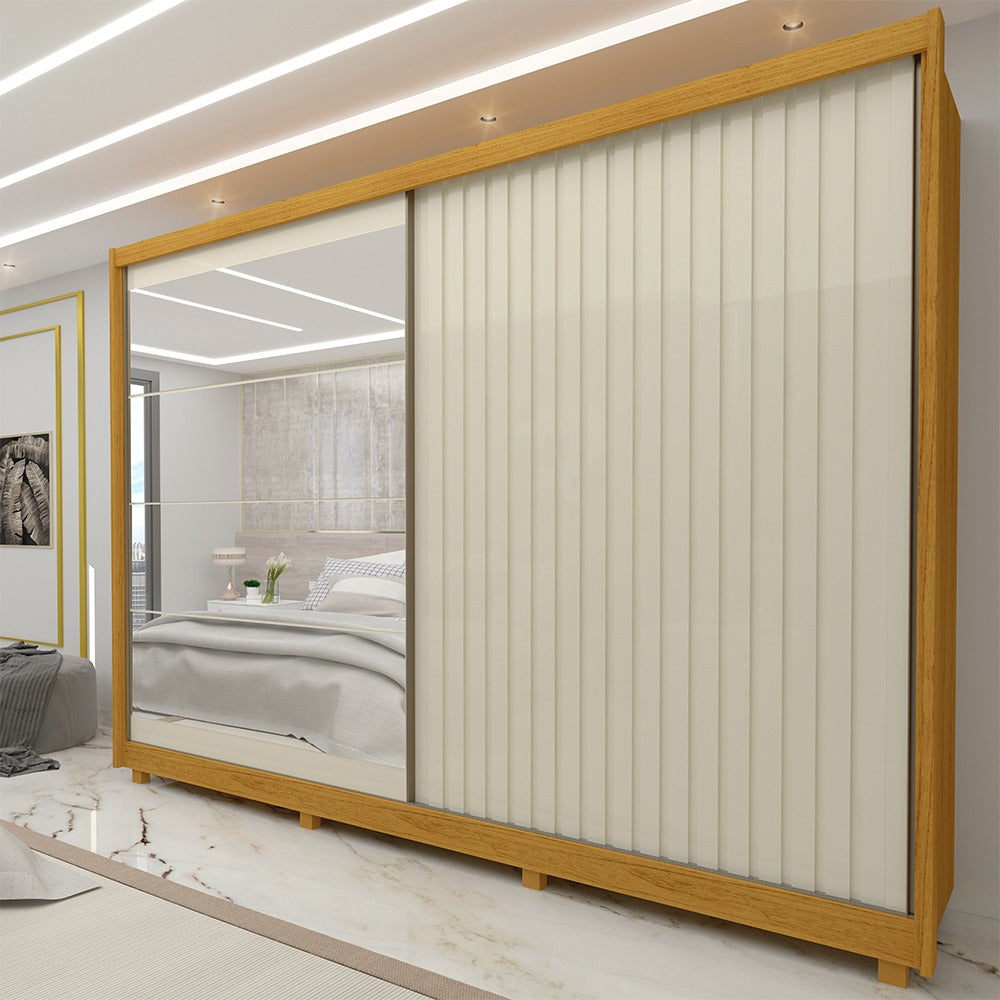 Roupeiro Apolo Ripado 2P com Espelho e Pes Naturale.Off White Gelius - Móveis furniture