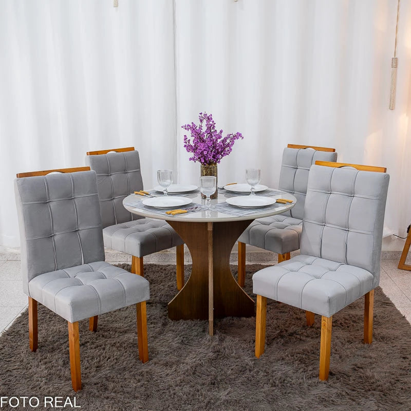 Mesa de Jantar Siena Redonda 100cm Vidro Off/Base Cinamomo + 4 Cad. Londres Veludo Prata Madeira Minas Plac - Entregue Montada