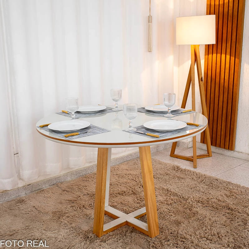 Mesa de Jantar Atlanta Tampo Redondo Vidro Off 120x120 Cinamomo/Off 100% MDF - Minas Plac