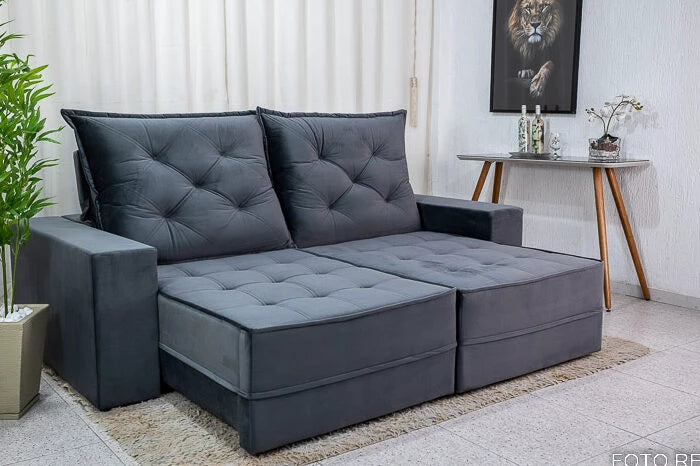 Sofá Retrátil Reclinável Berlim 2.50m Veludo Cinza - D33 e Molas Ensacadas - Móveis furniture