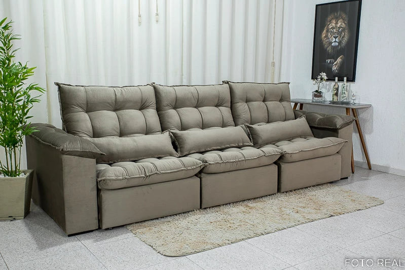 Sofá Retrátil Reclinável Kapri 3.20 Veludo Capuccino 536 - Molas Bonnel e Poliéster Siliconado - Móveis furniture