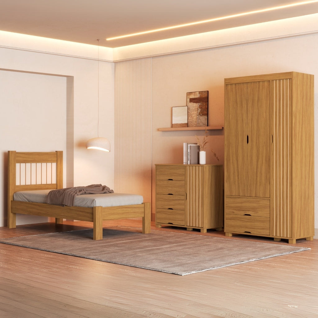 Guarda-Roupa 3 Portas + Cômoda 4 Gavetas com Sapateira + Cama Solteiro Bela Nature – MADEC/VJ MÓVEIS
