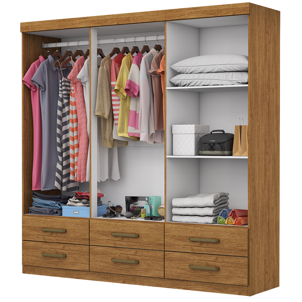 Guarda-Roupa 6 Portas(Com Espelho/Sem Pés)Dallas 1,53 m Cinamono/Branco – CARIOCA MÓVEIS