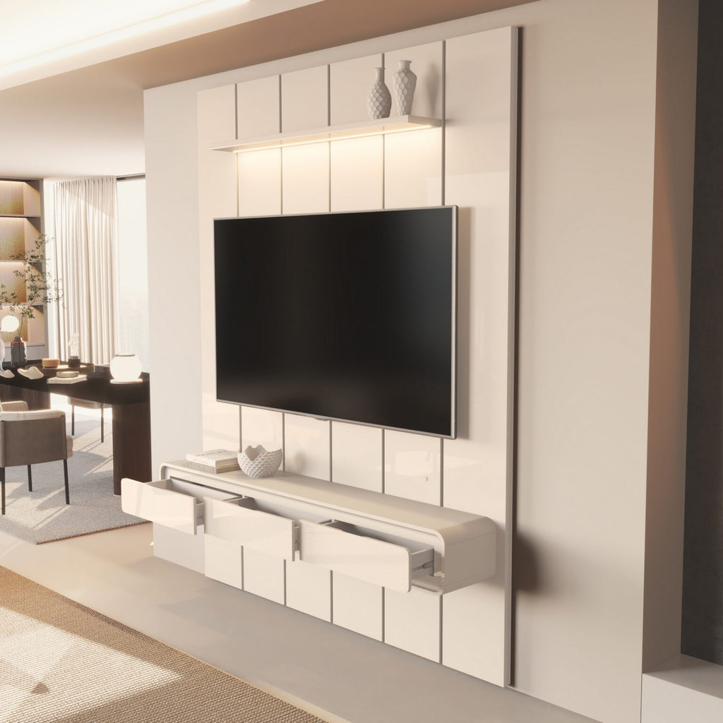 Painel até 75″ Lumi 1,88 m Off White + Nicho Liv 1,80 Off White – EDN MÓVEIS