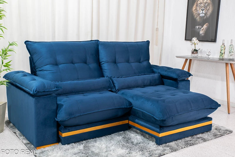 Sofá Retrátil Reclinável Ibis 2.30m Veludo Azul 800 - D33 e Molas Ensacadas - Móveis furniture