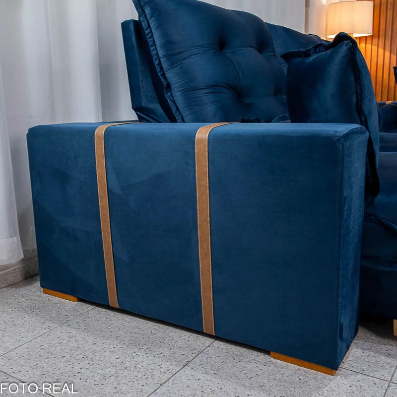 Sofá Retrátil Reclinável Mônaco 3.20m Veludo Azul A16 - Molas Ensacadas