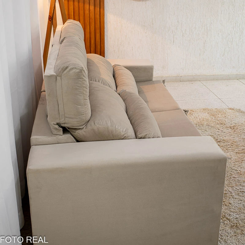 Sofá Retrátil Reclinável Bia 1.95m Veludo Bege - D28