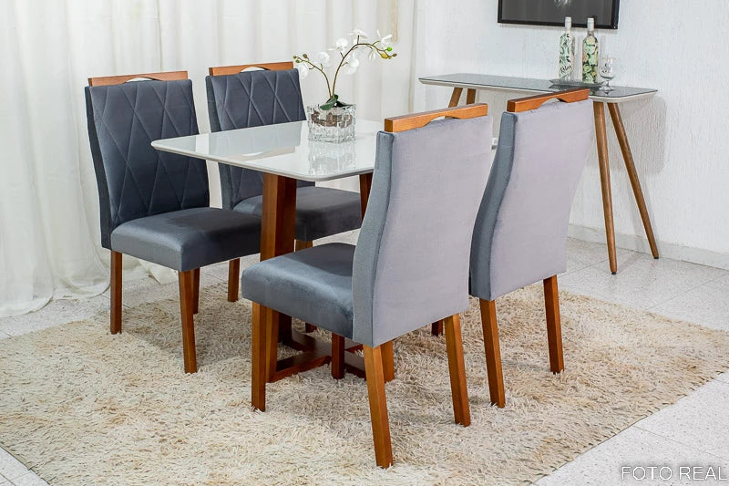 Mesa de Jantar Pedro Mel Tampo Vidro Off 90×90 4 Cadeiras Lisboa Veludo Cinza - Móveis furniture