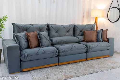Sofá Retrátil Reclinável Gran Bello 3.20m Veludo Cinza - D33 e