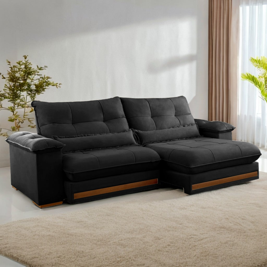 Sofá Retrátil e Reclinável Qatar 2,50m Veludo Preto B013 – TREVO ESTOFADOS