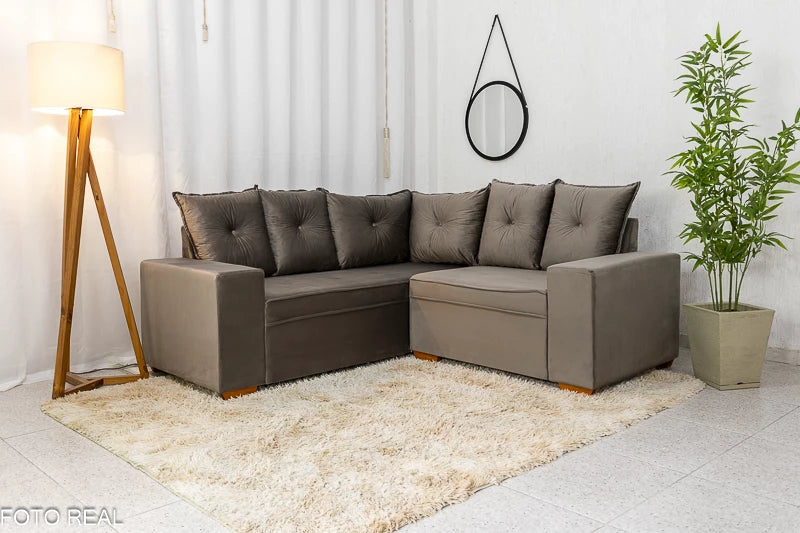 Sofá Canto 5 lugares Cuiabá Veludo Cinza - Móveis furniture
