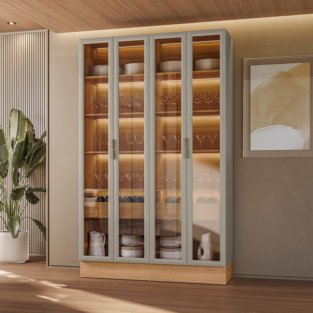 Cristaleira Dupla Allure (Kit com 2) Rodapé Simples Jequitibá/Gris Fosco – LINEA BRASIL