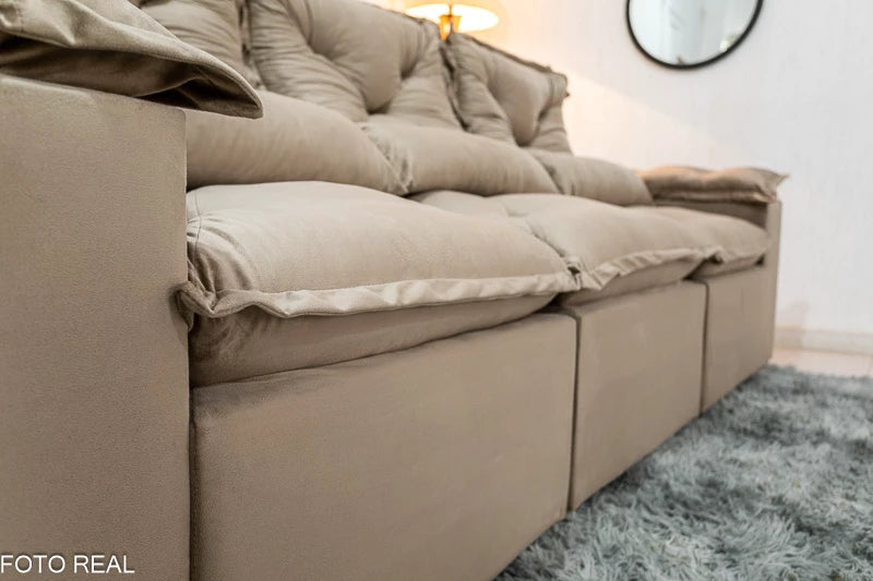 Sofá Retrátil Reclinável 2.70m Texas Veludo Bege - Móveis furniture