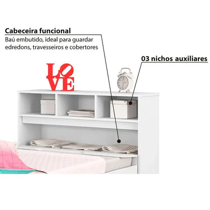 Cama Ravena COM Cama Auxiliar Solteiro 2 Gavetas e Baú Conquista BRANCO