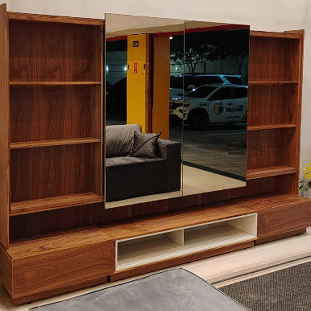 Estante Home Paollo 300cm com Led 2 Portas com Espelho Bronze e 2 Gavetas Pollo Decor