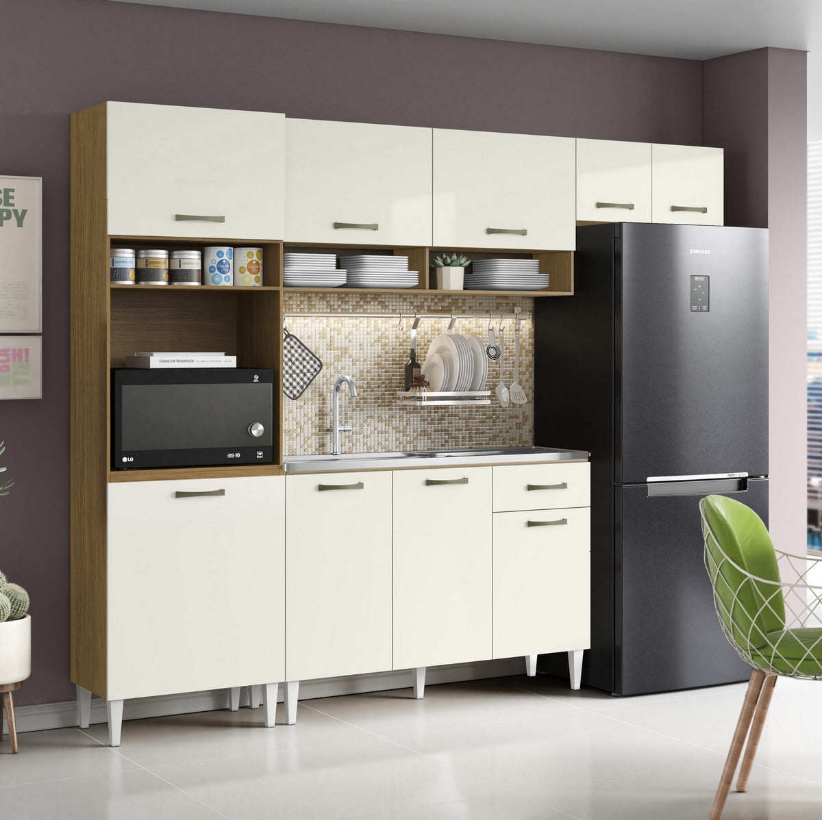 Cozinha Aurora + Balcão para Pia Atenas 249,7 m Atacama/Off White – ARAMÓVEIS