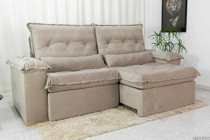 Sofá Retrátil Reclinável Califórnia Veludo Bege 525 Larg. 2.50m - D28 Hiper soft