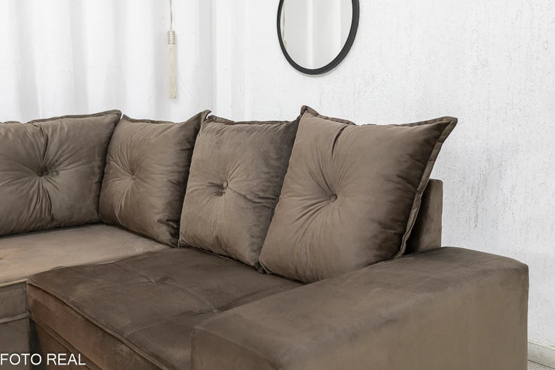 Sofá Canto 5 lugares Cuiabá Veludo Marrom - Móveis furniture