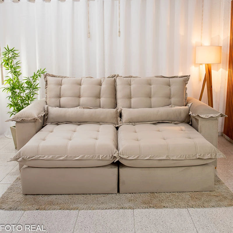 Sofá Retrátil Reclinável Maldivas 2.50m Veludo Bege A32 - D28 Pró Aditivada