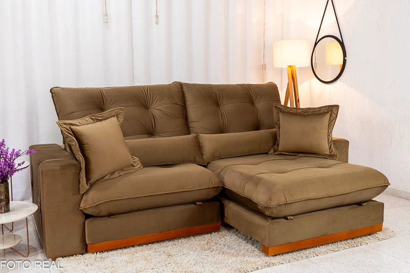 Sofá Retrátil Reclinável Toronto Veludo Bege 4056 Larg. 2.50m - Molas Ensacadas