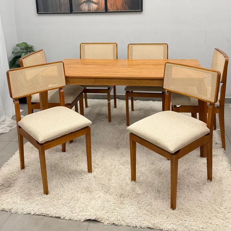 Mesa de Jantar Alegra 160x80cm Sem Vidro e 6 Cadeiras Canada em Linho Madeira Jcm