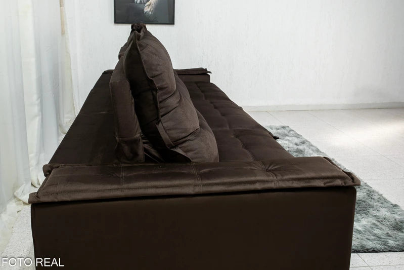 Sofá Retrátil Reclinável Atenas 3.20m Veludo Marrom 815 D33 e Molas Ensacadas