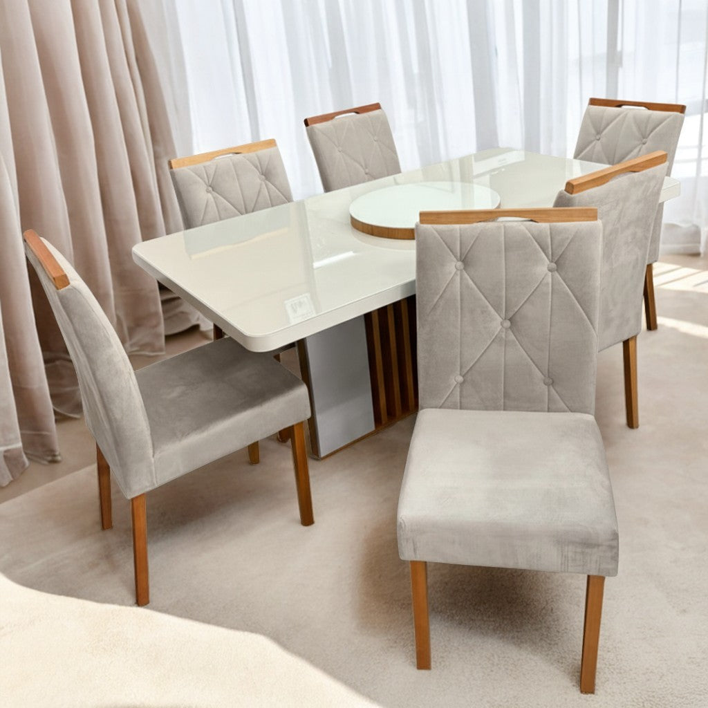 Mesa Astrid (Tampo Maxi) 170 Amêndoa Clean/Off White com 6 Cadeiras Yasmim Veludo Bege – LOPAS + KM DECOR