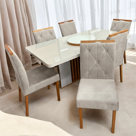 Mesa Astrid (Tampo Maxi) 170 Amêndoa Clean/Off White com 6 Cadeiras Yasmim Veludo Bege – LOPAS + KM DECOR